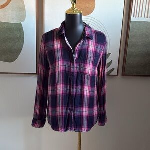 3/$10 Lucky Brand Women's Pink and Blue Plaid Button-Down Shirt
